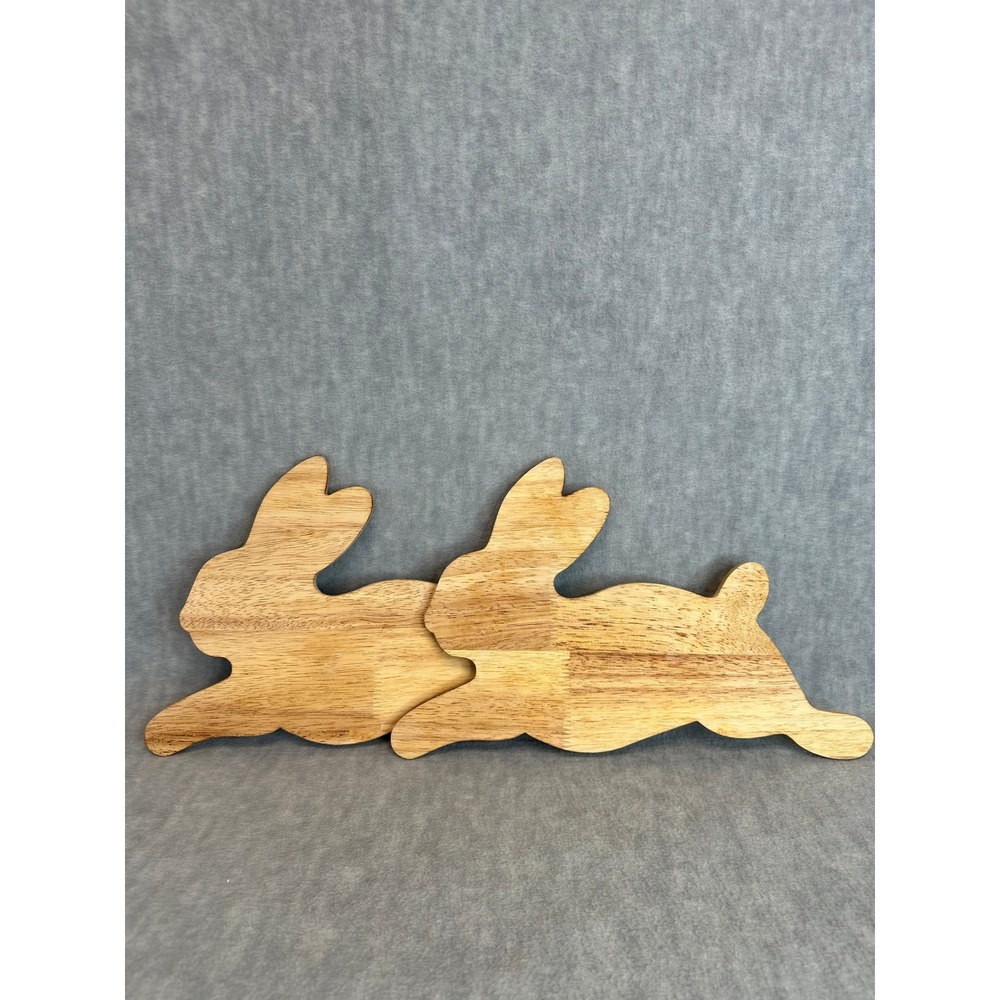 Wooden Bunny Rabbits Cutout Set of 2 Rustic Farmhouse Easter Decor Leaping Pose